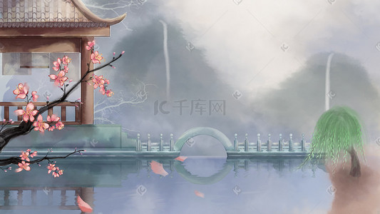 清明节装饰插画图片_清明节古风插画春天风景水墨山水中国风花卉