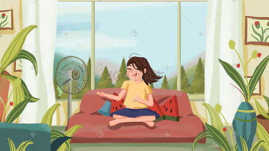 24节气夏季立夏绿色植物少女室内卡通插画
