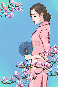 魅力气质插画图片_民国旗袍气质美女与春季花卉