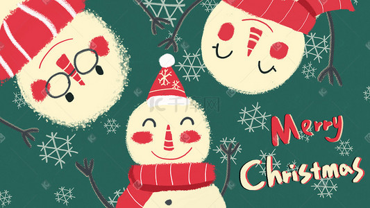 可爱圣诞节插画图片_复古剪纸圣诞节雪人一家扁平手绘插画圣诞