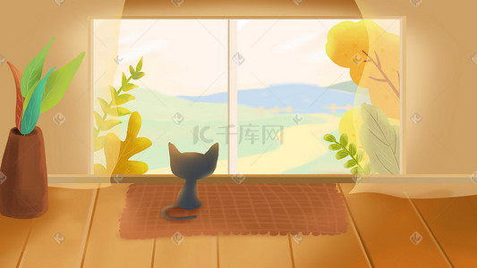 唯美清新治愈系小猫窗户秋天景色插画背景