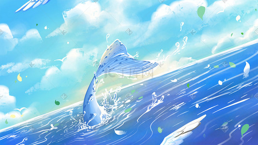 鲸鱼、蓝色、海洋插画图片_海洋唯美卡通治愈小清新蓝色插画