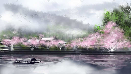 春天水墨水墨插画图片_古风水墨山水农家风景