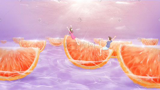 西柚西柚插画图片_暖色系小清新创意水果跷跷板