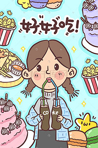 蛋糕店插画图片_美食吃货女孩美食天地面包店蛋糕店咖啡店