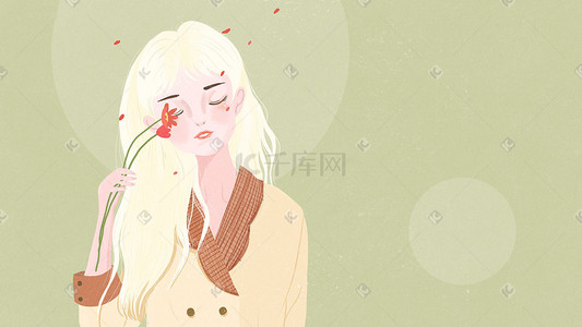 长发女孩插画图片_鲜花遮挡眼睛的长发女孩.