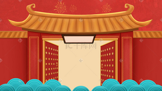 兔开门大吉插画图片_新年中国风建筑传统开门banner手绘横