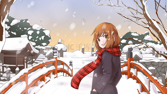 手绘冬季雪景女孩插画