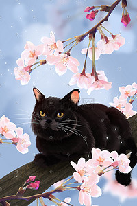 黑色限时优惠插画图片_可爱黑色猫咪樱花