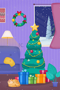 小紫花花环插画图片_圣诞节圣诞树紫色调矢量扁平风插画圣诞