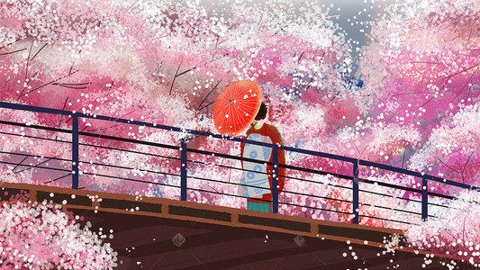 日系和服樱花平桥伞唯美治愈粉色系场景