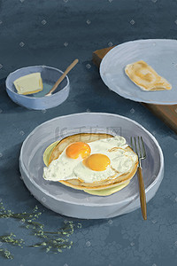 牛油插画图片_美味早餐煎双蛋手绘
