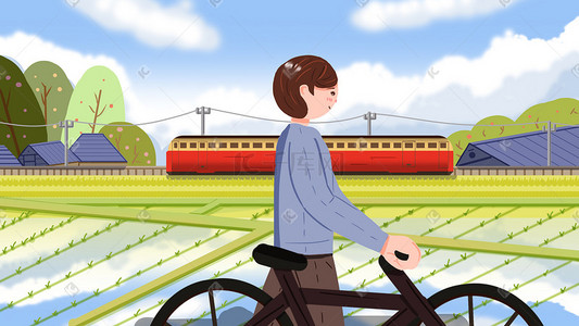 4月你好旅行踏青骑车风景火车卡通插画