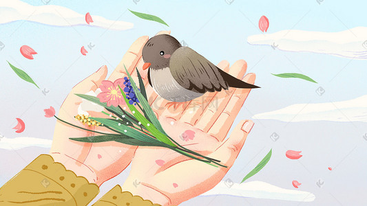 小鸟插画图片_春天你好手捧花束和小鸟