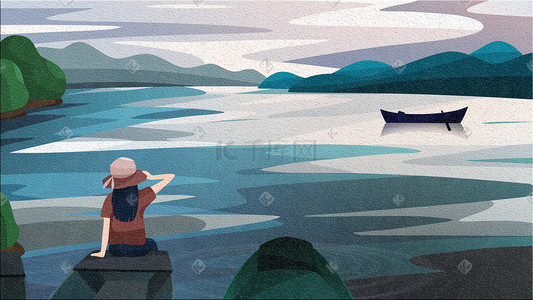 背影风景插画图片_小女孩坐在船头看河面的风景