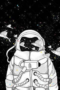 宇宙星际插画图片_治愈系宇航员与飞鱼星际
