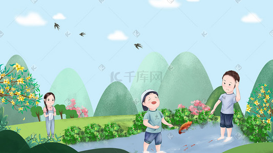 雨水柳叶插画图片_二十四节气春季踏青出游青山绿水