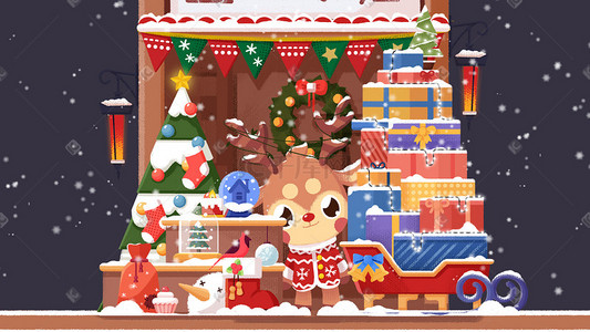 驯鹿圣诞礼品店日式手绘插画圣诞