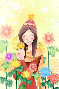 落水的姑娘插画图片_小清新治愈系花卉姑娘菊花手绘插画