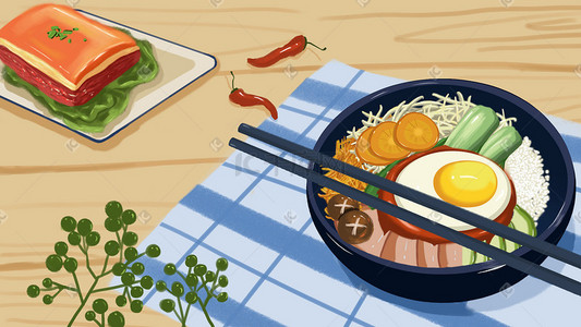 韩式家具插画图片_韩式烤肉拌饭美食插画
