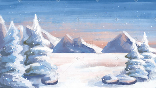 雪山风景插画图片_油画风格冬季风景