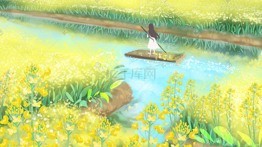 浪漫春游插画图片_油菜花田浪漫景色