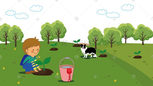 矢量狗插画图片_绿色种树保护环境的男孩 矢量插画