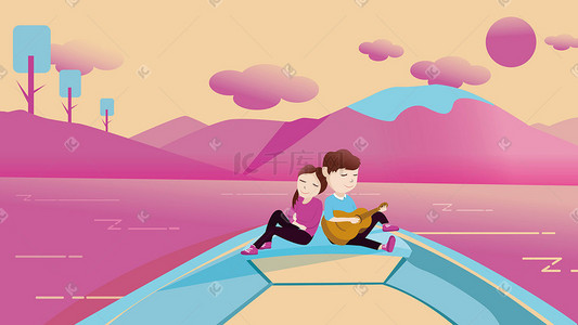 船上的门插画图片_扁平化船上的小情侣意境矢量插画
