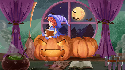 女巫万圣节插画图片_卡通万圣节坐在南瓜上读魔法书的小魔女插画
