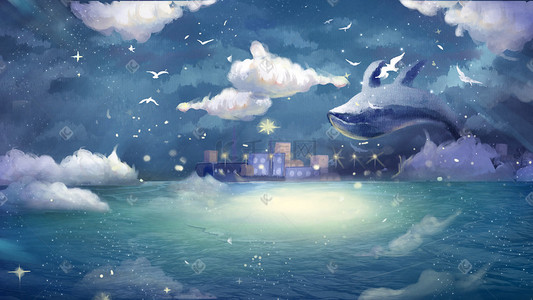 梦幻蓝天白云插画图片_鲸鱼遨游此时海天空