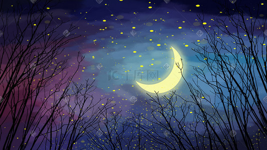 夜晚夜空插画图片_夜晚树林里的月亮与星空