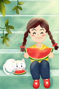 季节节气夏季女孩猫吃西瓜
