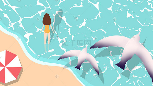 显瘦大码专业泳装插画图片_夏天穿着泳装站在大海的女孩插画
