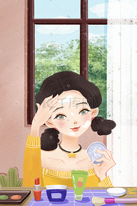 护肤插画图片_美妆少女手绘小清新竖图