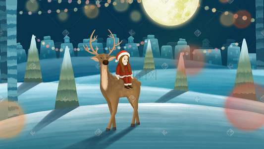 圣诞节节日插画图片_圣诞节节日小女孩麋鹿灯光闪烁圣诞