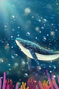 珊瑚蓝色插画图片_治愈系唯美海底鲸鱼