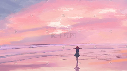 天空夕阳天空插画图片_夕阳下女孩漫步在海边