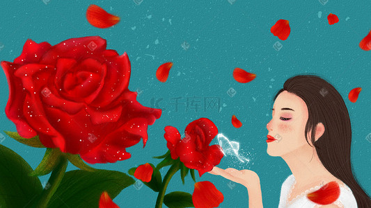 花和女人插画图片_手绘玫瑰女人浪漫爱情插画