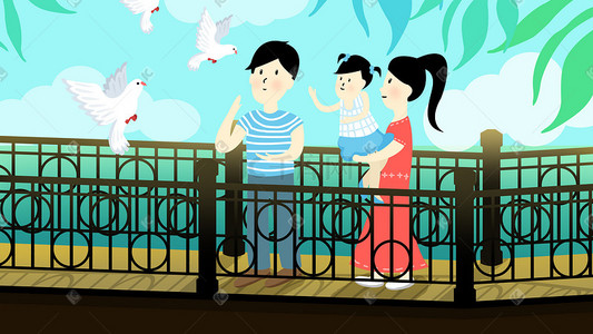 公鸽子叼母鸽子插画图片_城市生活夏季鸽子一家三口河边桥上手绘插画