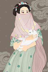 国潮风格传统文化之汉服服饰古装女子抱猫咪
