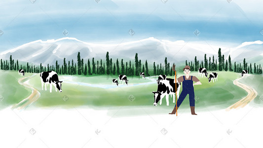 开盘倒计时海报插画图片_乡村牧场新疆天山奶牛海报背景
