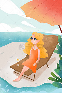 沙滩旅行插画图片_夏季出游旅行海边度假插画