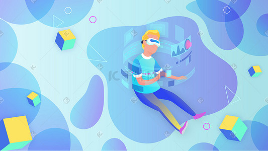 互联网大数据插画图片_蓝色虚拟现实未来大数据科技概念横幅配图科技