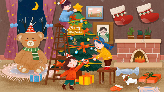 乐趣装饰插画图片_圣诞节孩子们装饰圣诞树手绘可爱画风圣诞