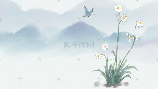 古典舞蹈单页插画图片_古风花绘水墨风水仙花