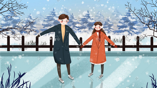 冬天小清新插画图片_手绘小清新冬季牵手滑冰的情侣插画