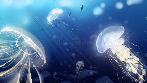 蓝色海洋透明水母深海插画