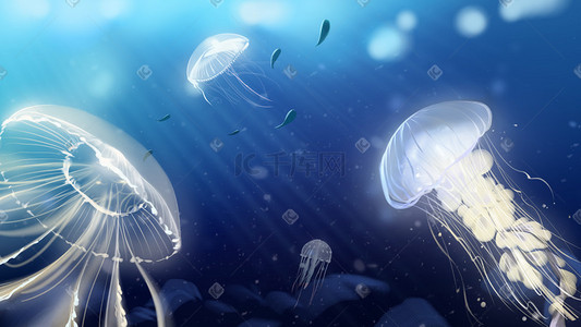 蓝色海洋插画图片_蓝色海洋透明水母深海插画