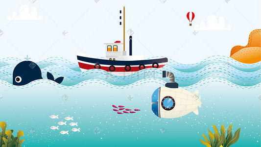 海上插画图片_海上船只潜水艇风景插画