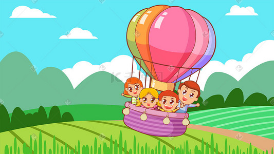 女孩热气球插画图片_卡通六一儿童节乘坐热气球欢乐玩耍插画六一